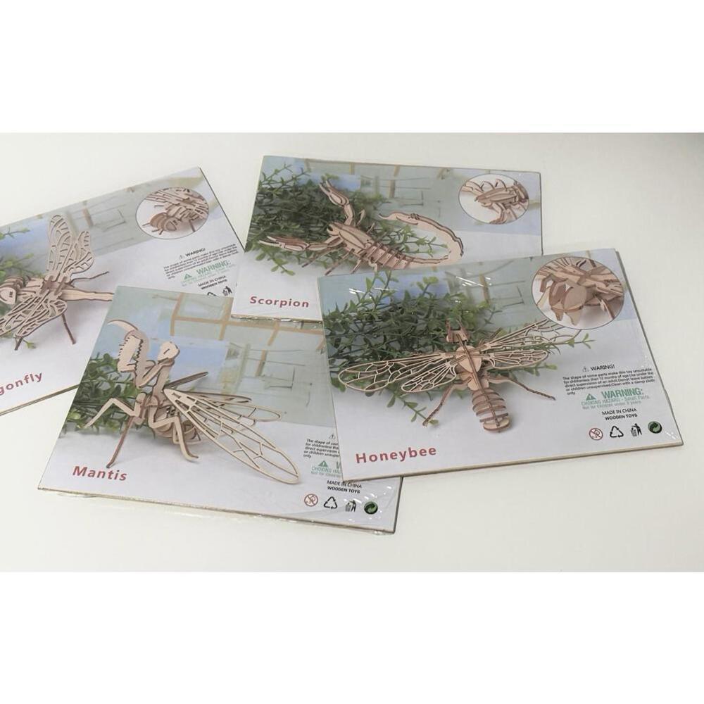 NEW 3D Wooden Insect Model Set of 6 Dragonfly Mantis Scorpion Bee Self Assembly